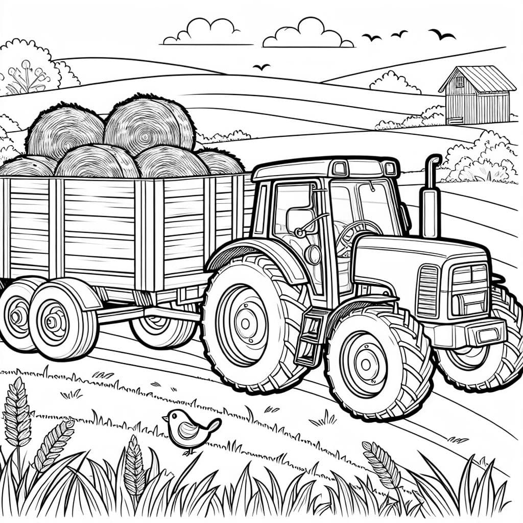 Einen traktor mit einem anhänger, der strohballen aufgeladen hat