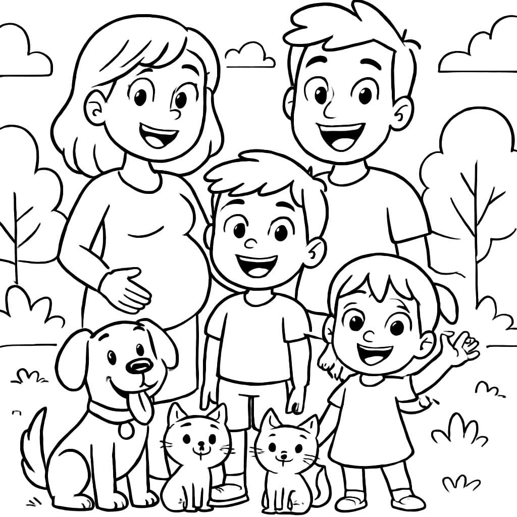 Una familia parada de una mamá embarazada, un papá, un niño grande, una niña pequeña, un perro y dos gatos.