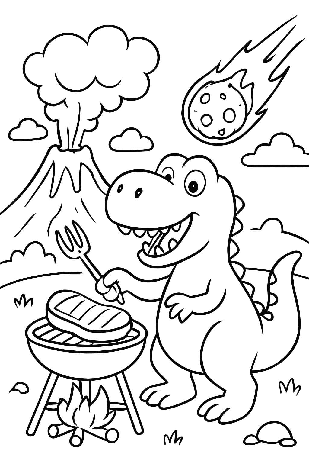 a T-Rex is grilling a steak while a volcano erupts in the background and a meteor falls to Earth