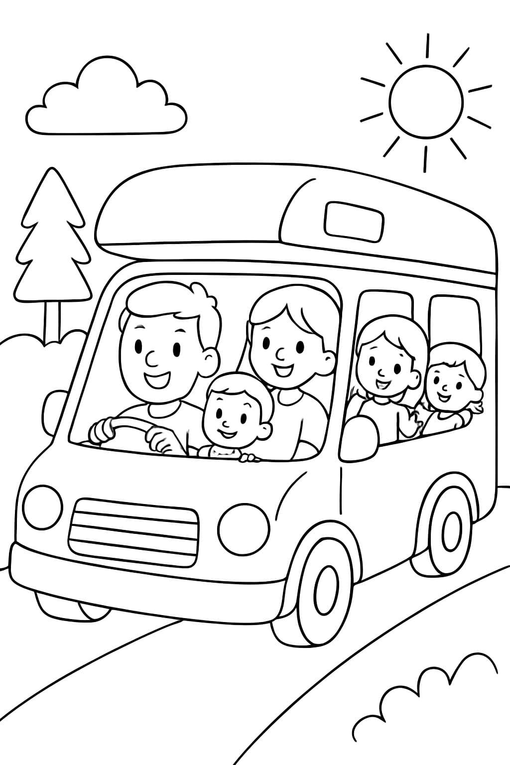 Eine 5-köpfige Familie, die mit Ihrem Wohnmobil in den Urlaub fährt. Vorne fährt der Papa. Die Mama ist hinten mit den 3 Kindern. Mit dem Jungen (5 Jahre alt) mit dem Mädchen (3 Jahre alt) und mit der Kleinsten (1 Jahr alt).