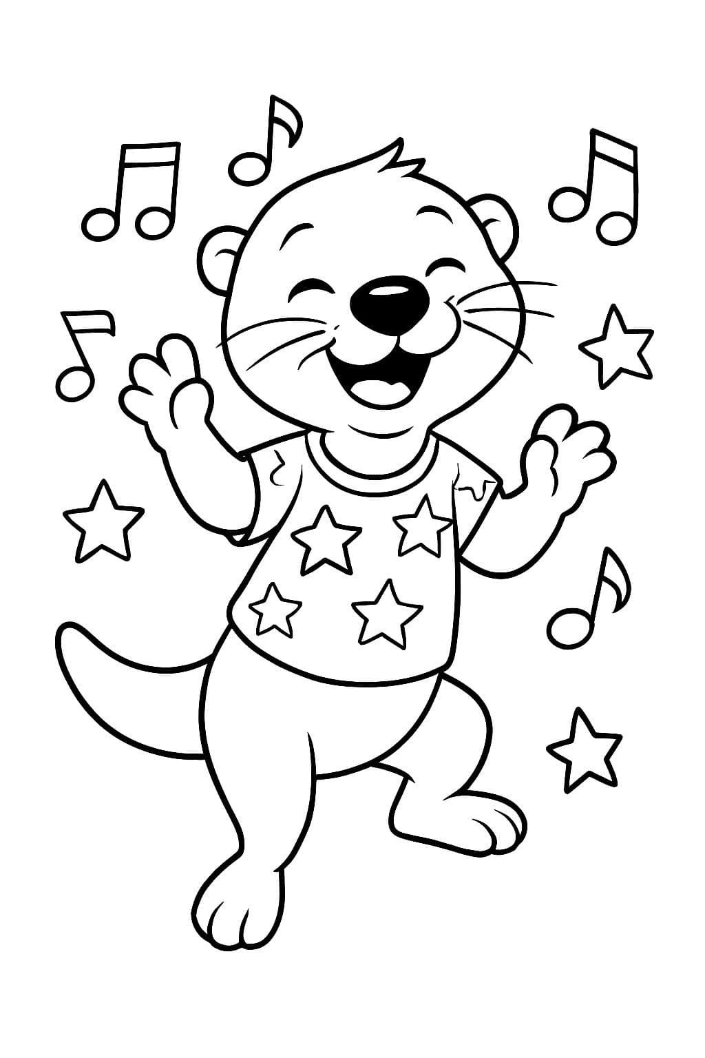 einen tanzenden otter mit schwarzer nase im t shirt mit sternen und noten drumherum
