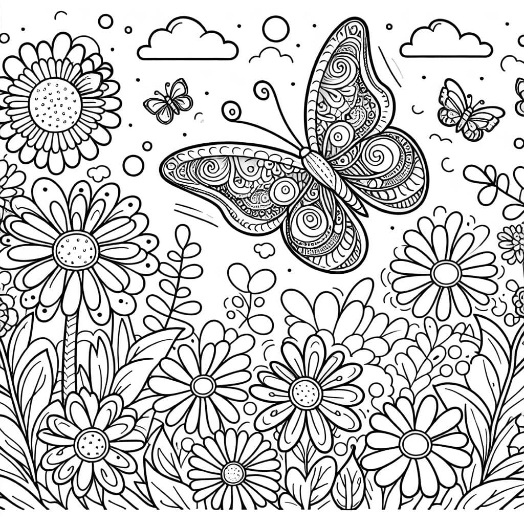 Des papillons avec des motifs complexes et des fleurs sont des sujets parfaits pour le coloriage. Ce dessin inspire créativité et imagination.