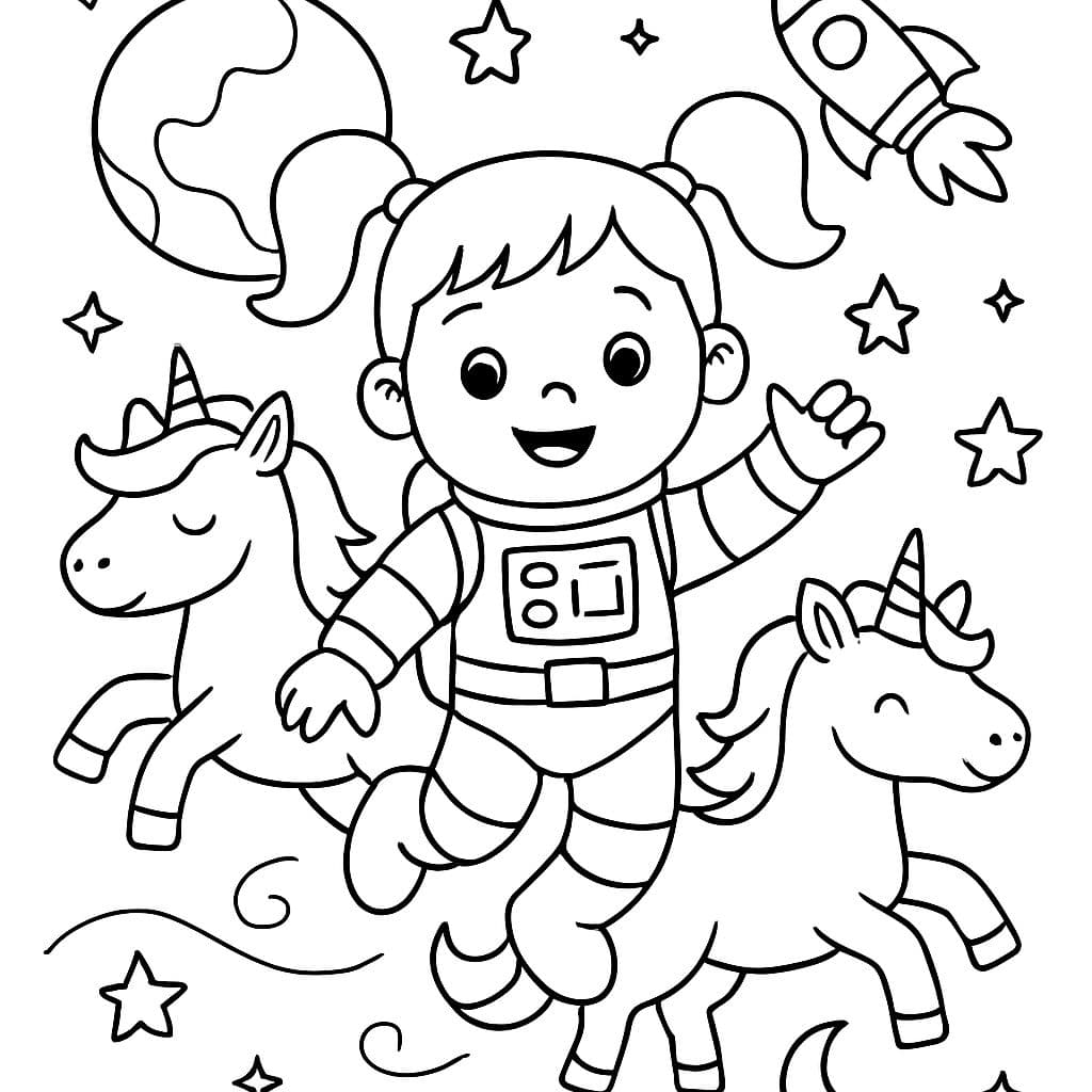 fille avec des couettes dans l'espace en tant qu'astronaute avec des licornes