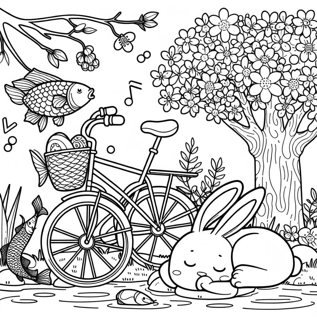 Conejo de Pascua durmiendo en una bicicleta bajo un cerezo al lado de una carpa y un lucio