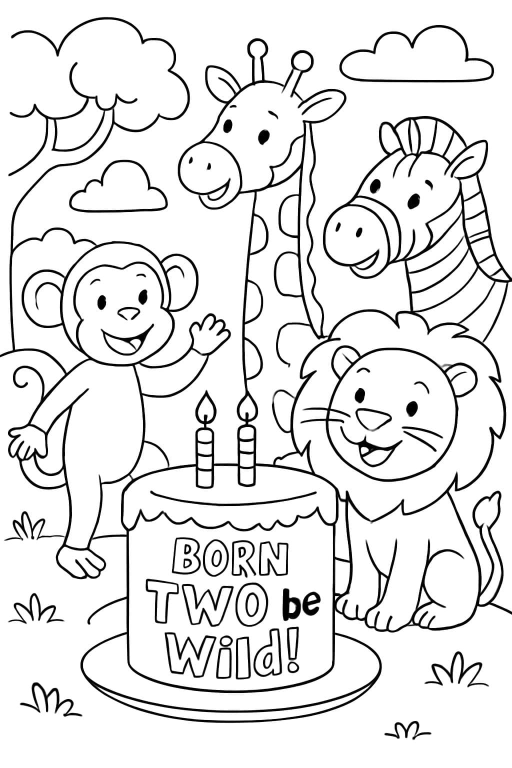 Zoo-Tiere und eine Geburtstagstorte mit der Aufschrift "Born TWO be Wild!"