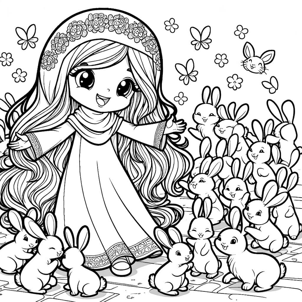 Une petite fille aux longs cheveux ondulés jouant avec plein de lapins.