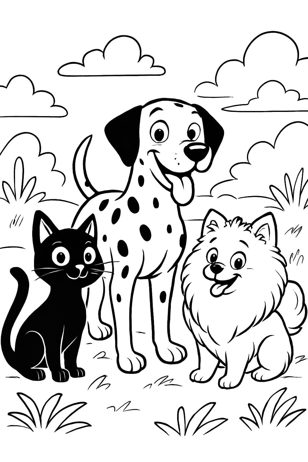 Um gato preto em pé ao lado de um dálmata com a cabeça preta e um pomerânia.