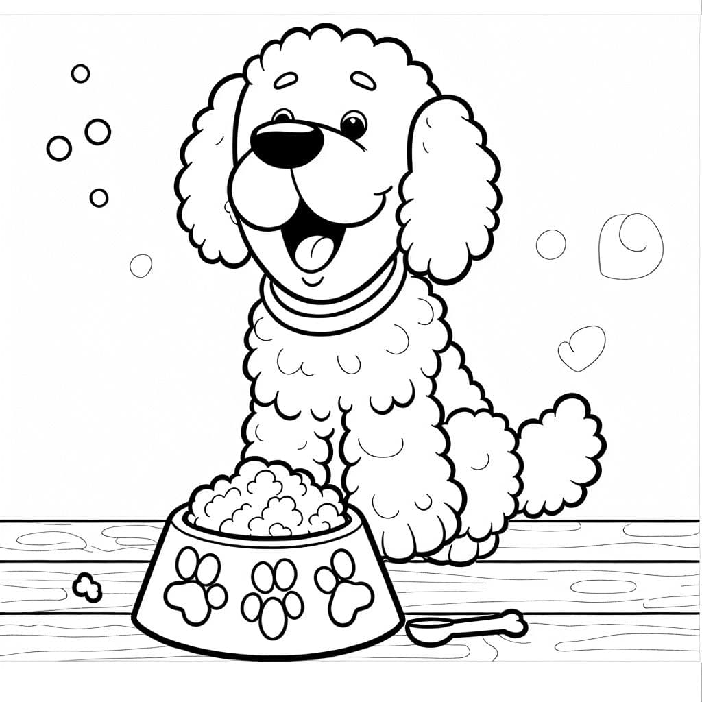 A labradoodle happy to have a big bowl of food
