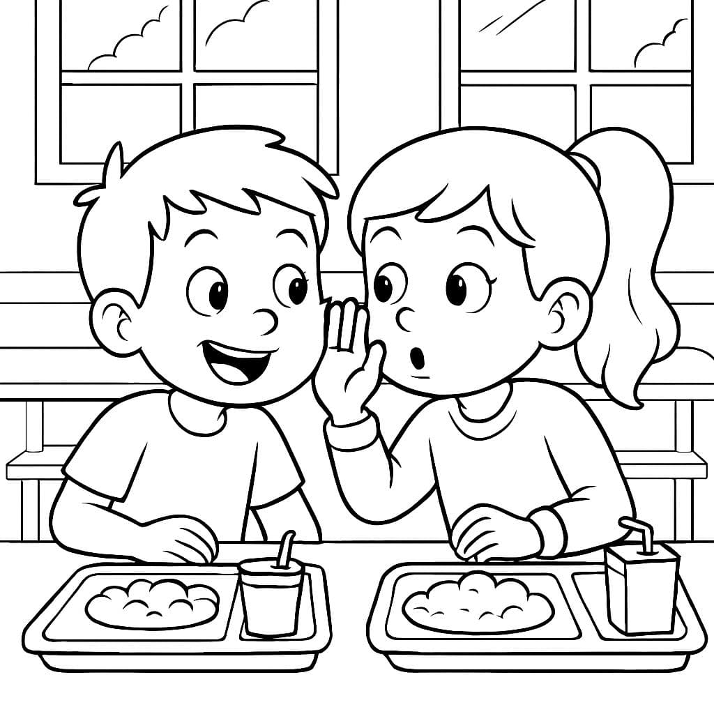 Enfants assis dans la cantine scolaire parlant doucement.