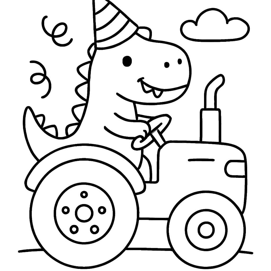 un dino conduciendo un tractor con un gorro de cumpleaños y serpentinas