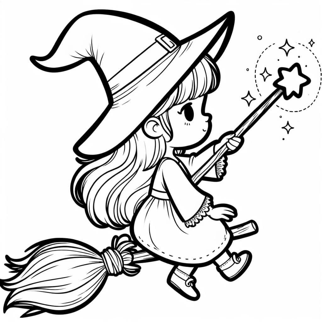 Hexe die auf einem Besen sitzt und einen Zauberstab in der Hand hält