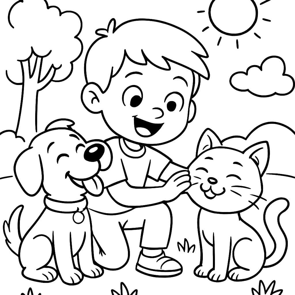 Kind, das sich mit einem Hund und einer Katze anfreundet