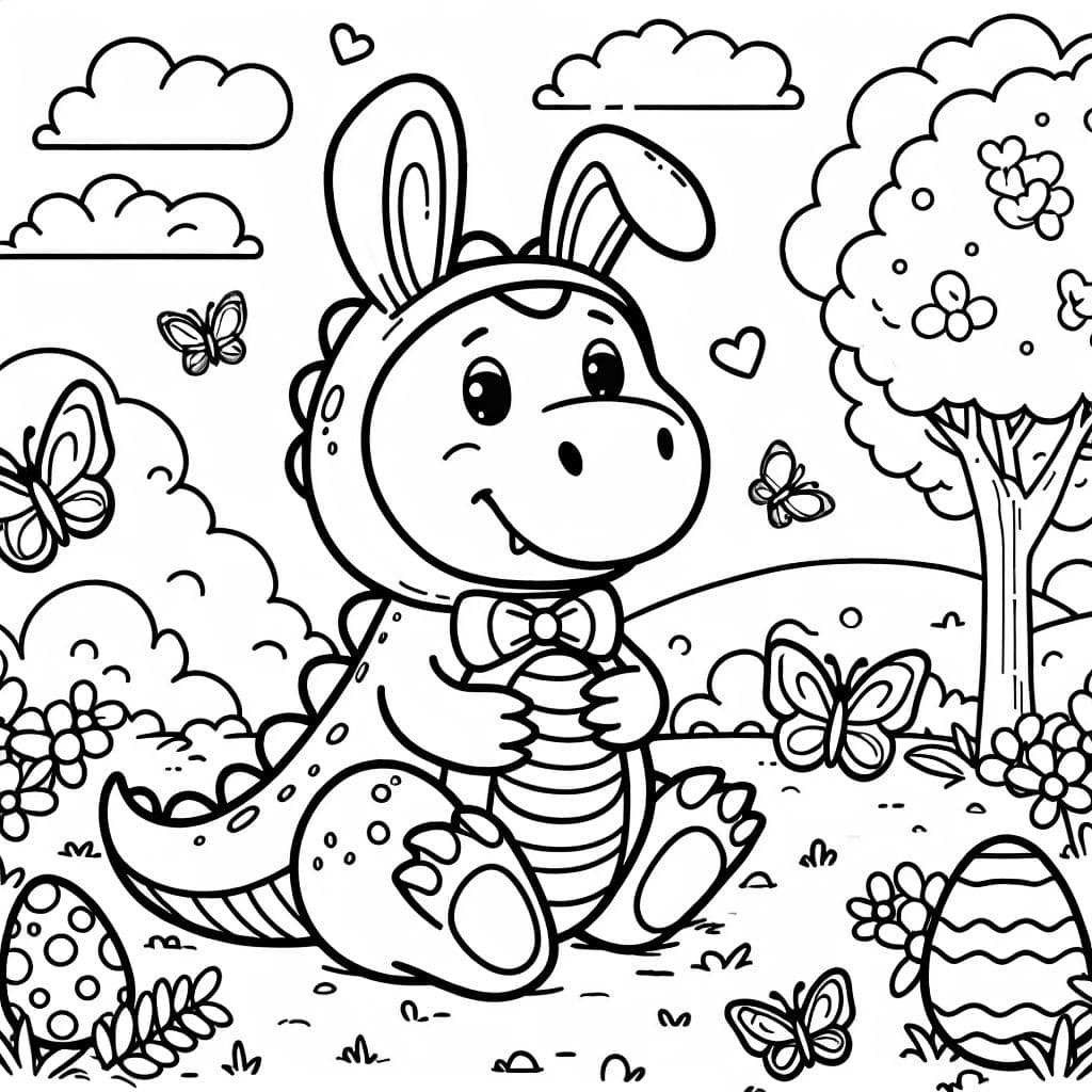 Dinosaurio disfrazado de conejo de Pascua con huevos y mariposas