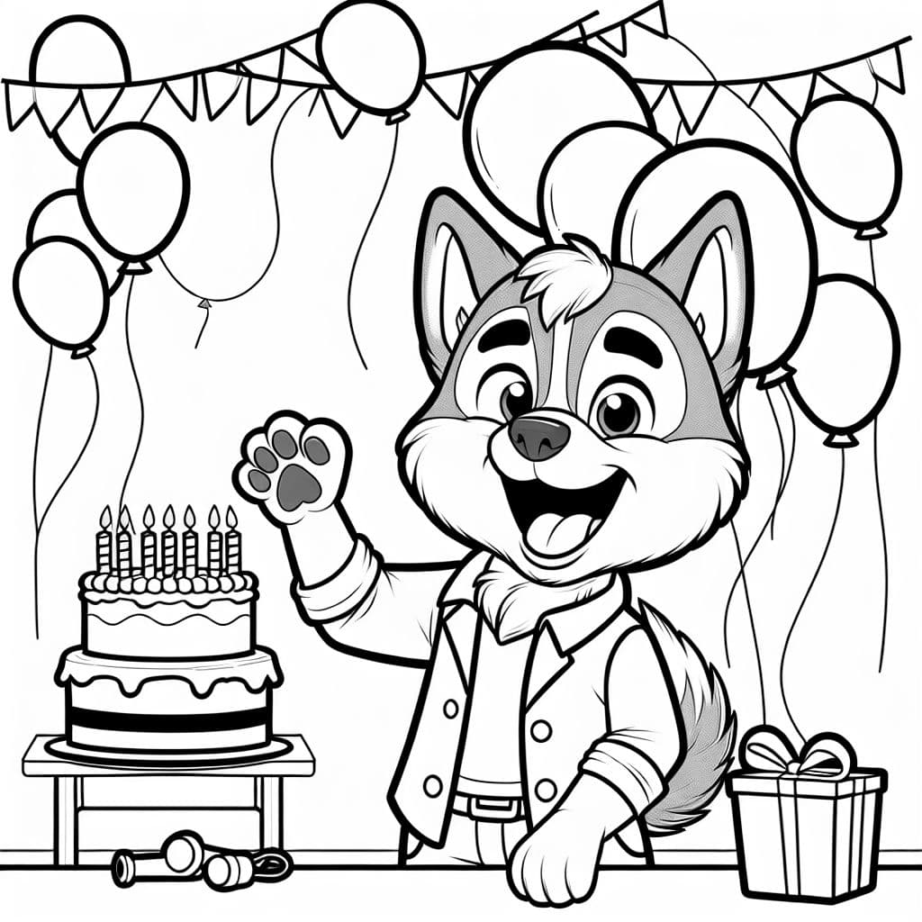 Perro husky macho en una fiesta de cumpleaños.