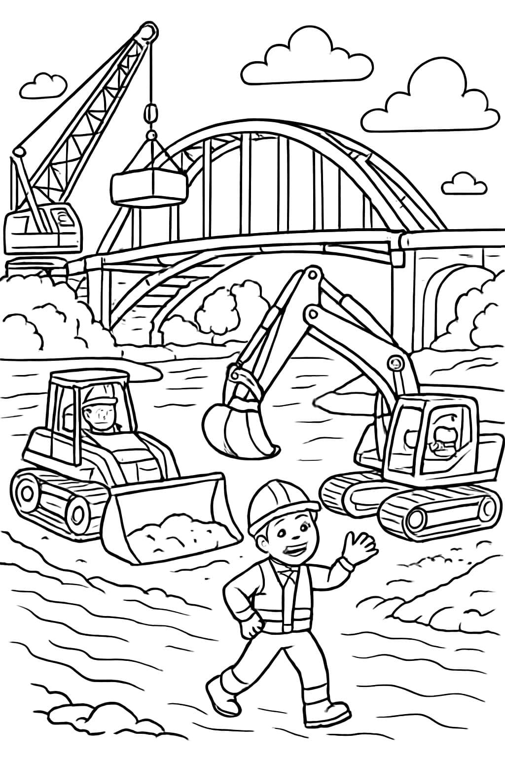 Una obra de construcción de un puente - vehículos de construcción están construyendo un puente sobre un gran río.