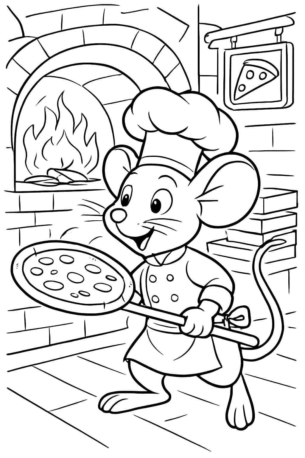 une souris qui cuit une pizza au fromage dans une pizzeria