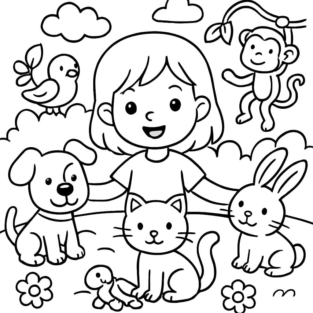 una niña con muchos animales alrededor en círculo