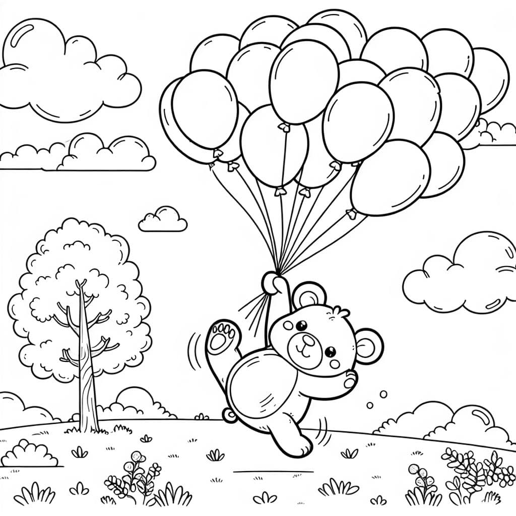 a bear unbalanced in the air being carried up by balloons