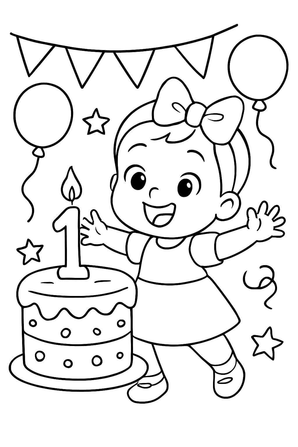 Happy birthday Nora with a baby girl wearing a hair bow celebrating her first birthday.