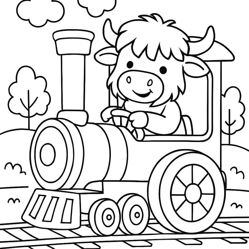 une vache des Highlands conduisant une locomotive à vapeur