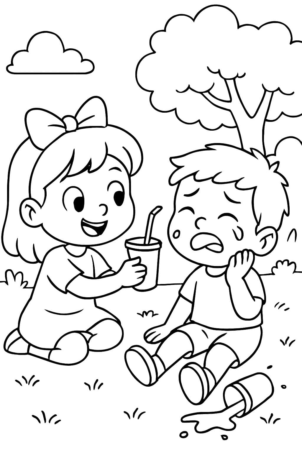 Ein Mädchen teilt ihren Saft mit einem Jungen, dem sein Saft heruntergefallen ist.