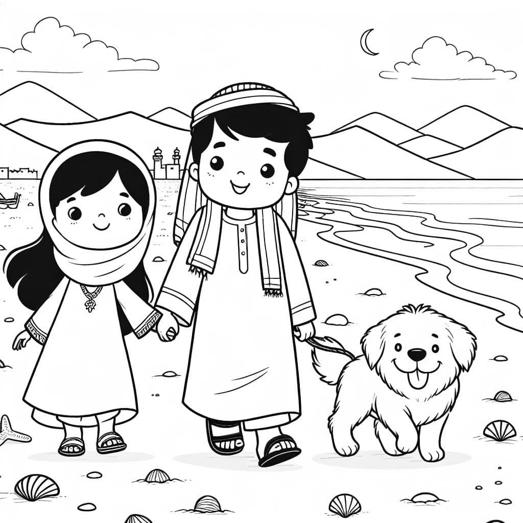 a girl with her friend who is a boy and her dog, they are walking on the beach