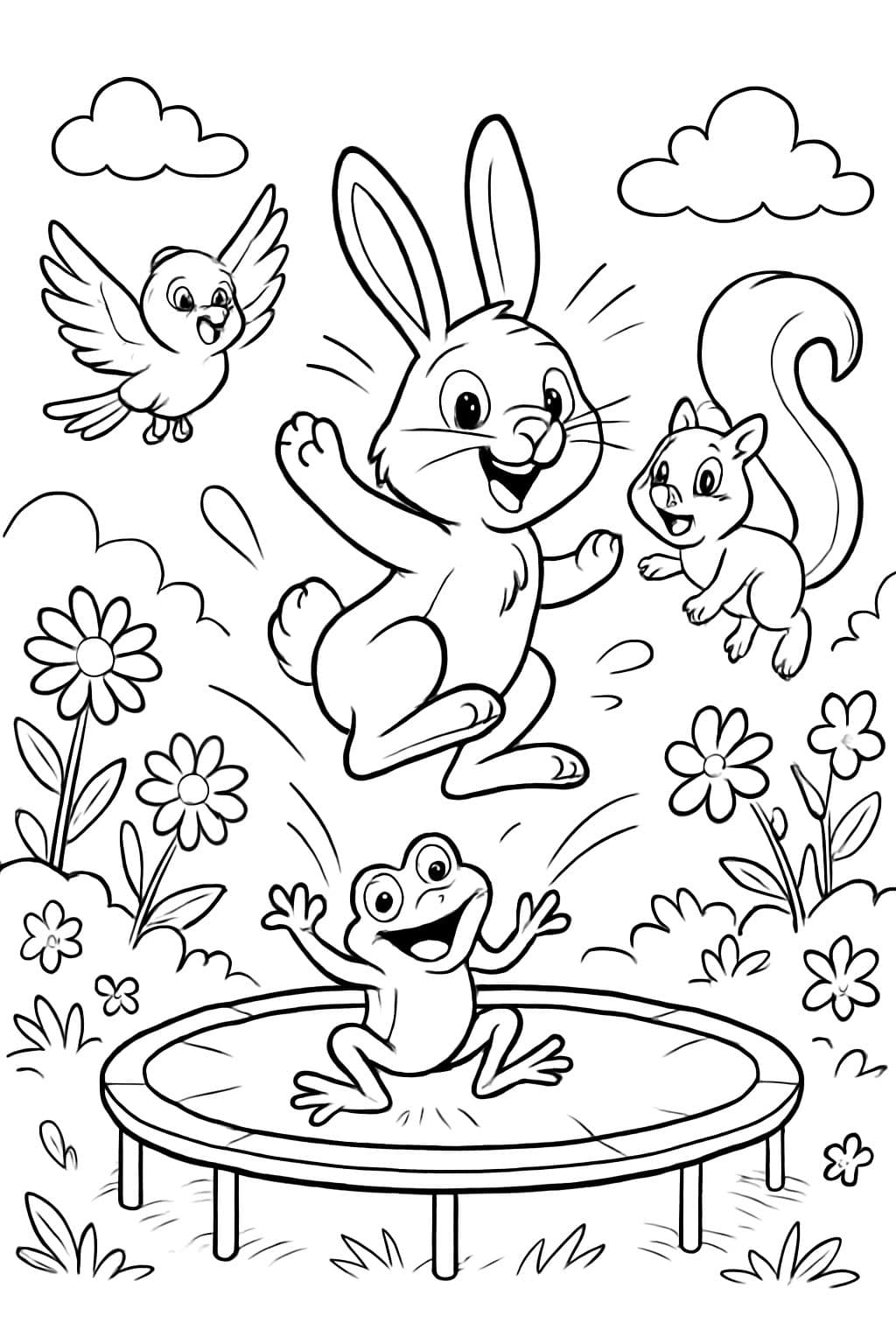 Animales de primavera saltando en un trampolín