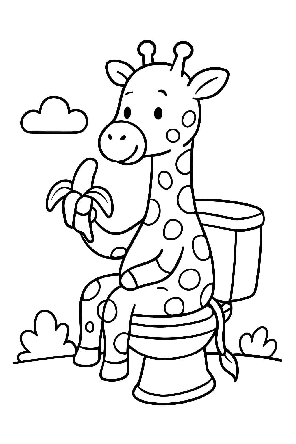 eine Giraffe, die auf dem Klo sitzt und ein Banane isst