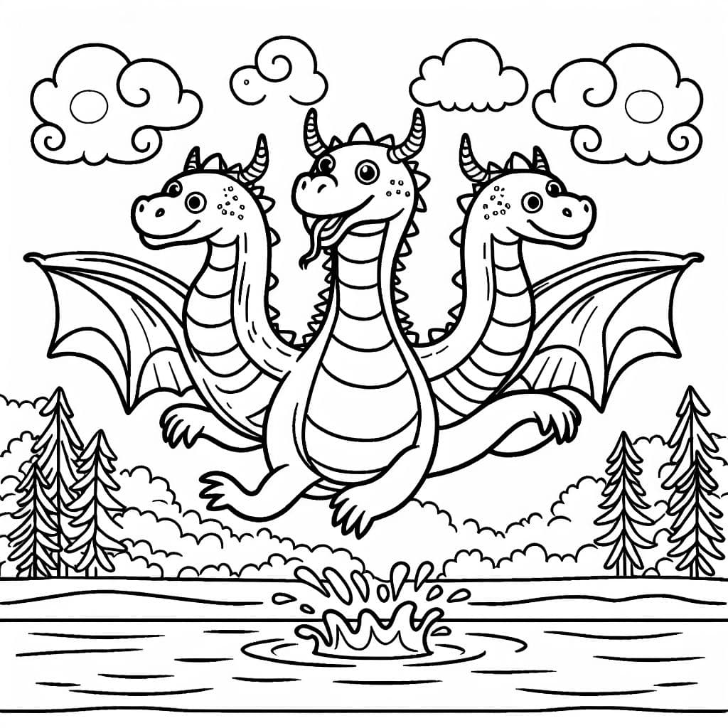 Un dragón de tres cabezas saltando de un lago
