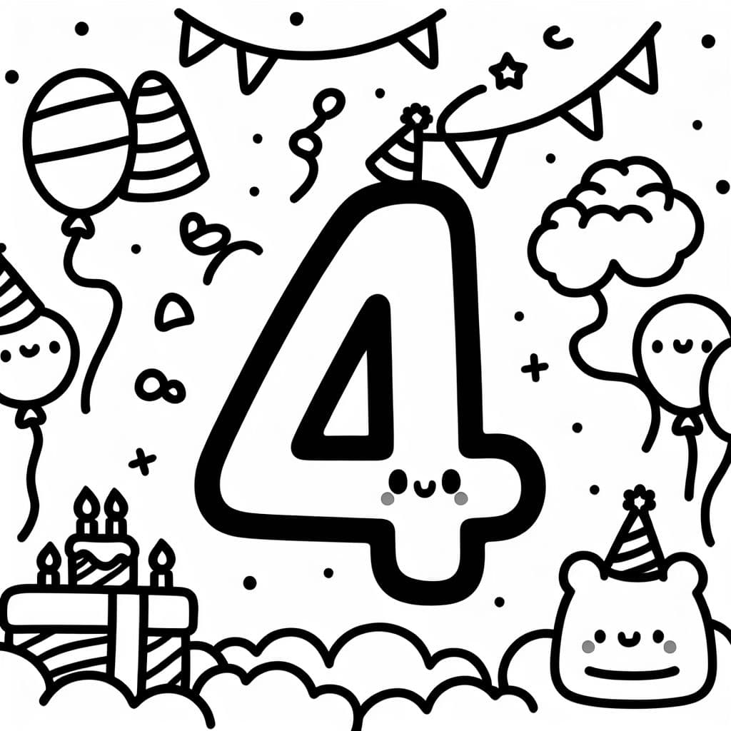 The number 4 surrounded by birthday decorations