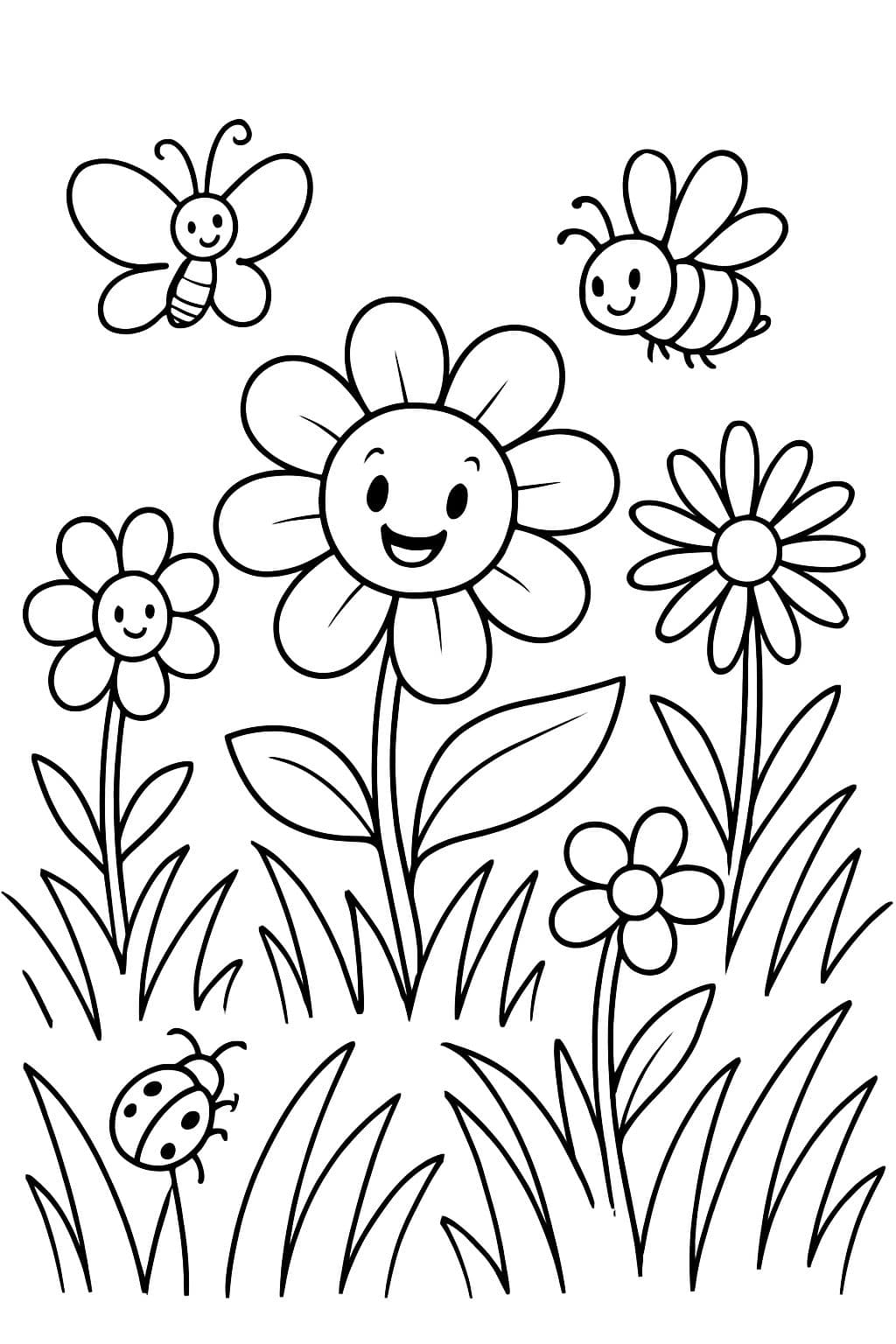 Blumen auf einer Wiese mit Gräsern und ein paar Insekten. Eindimensional