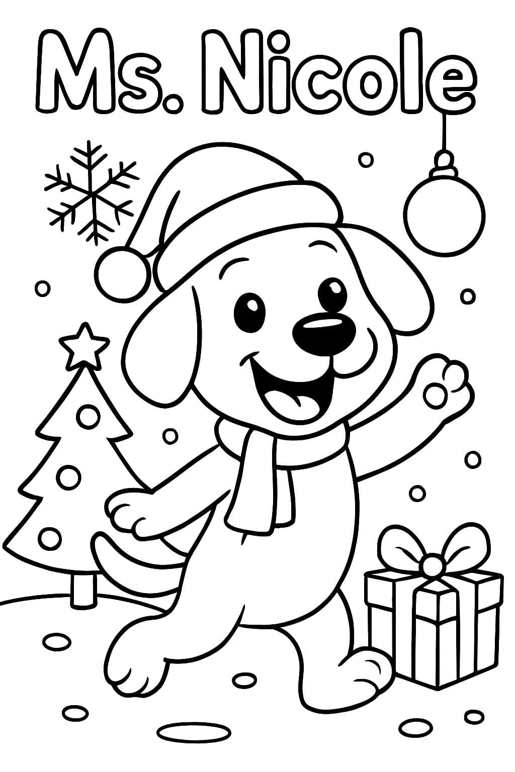 Perro de Navidad que dice "Ms. Nicole" en la parte superior.