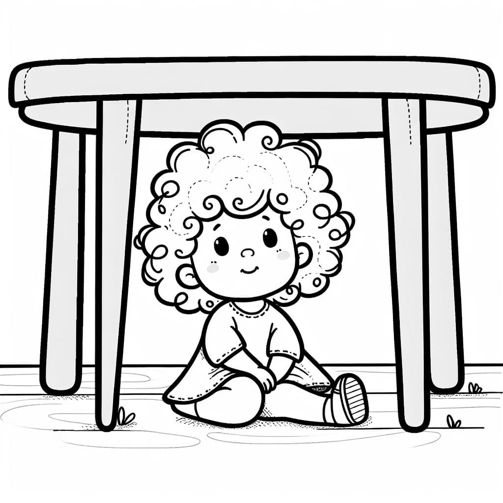 niña pequeña de pelo rizado debajo de la mesa