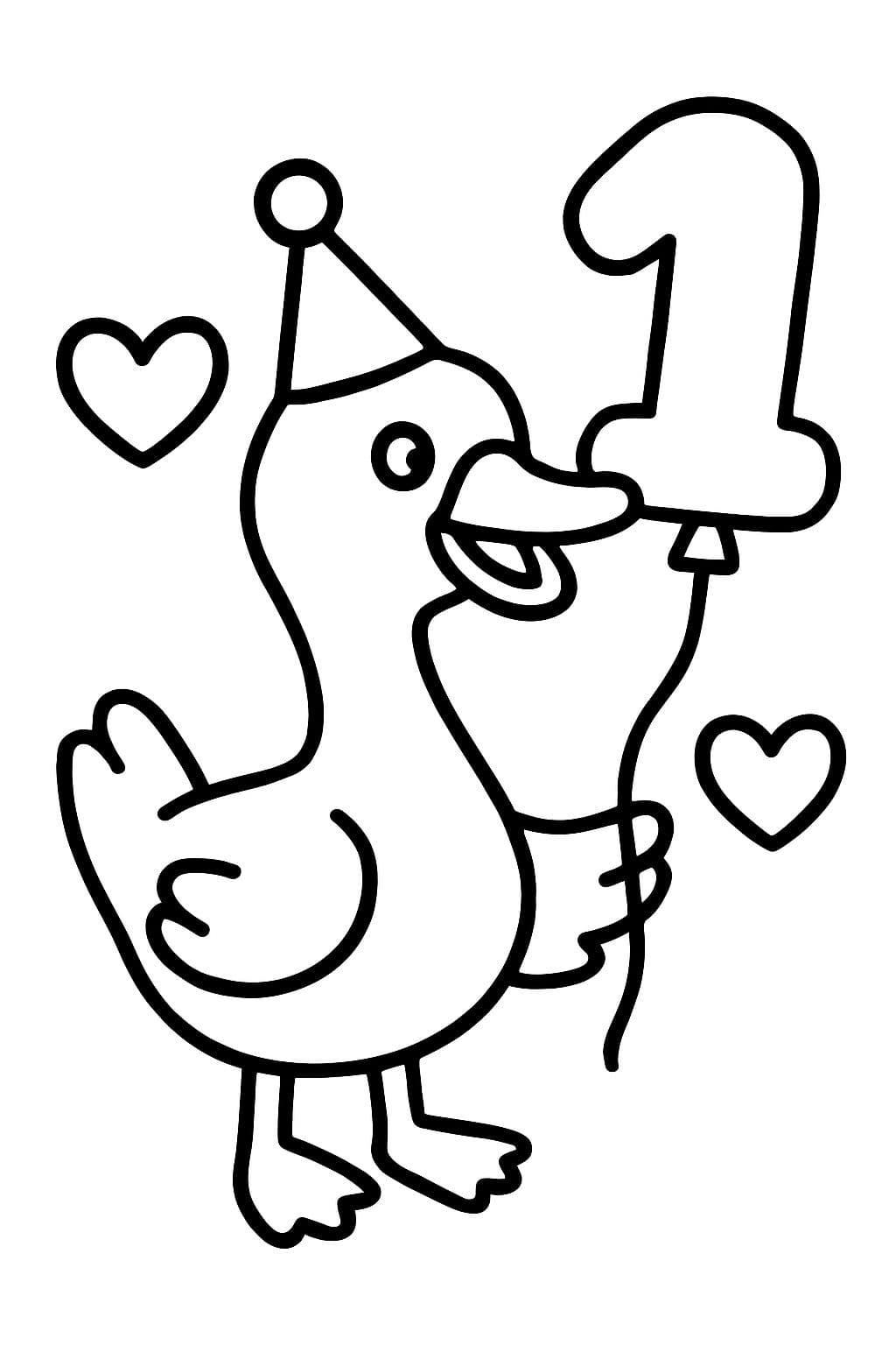 un patito tonto primer cumpleaños con corazones y globos