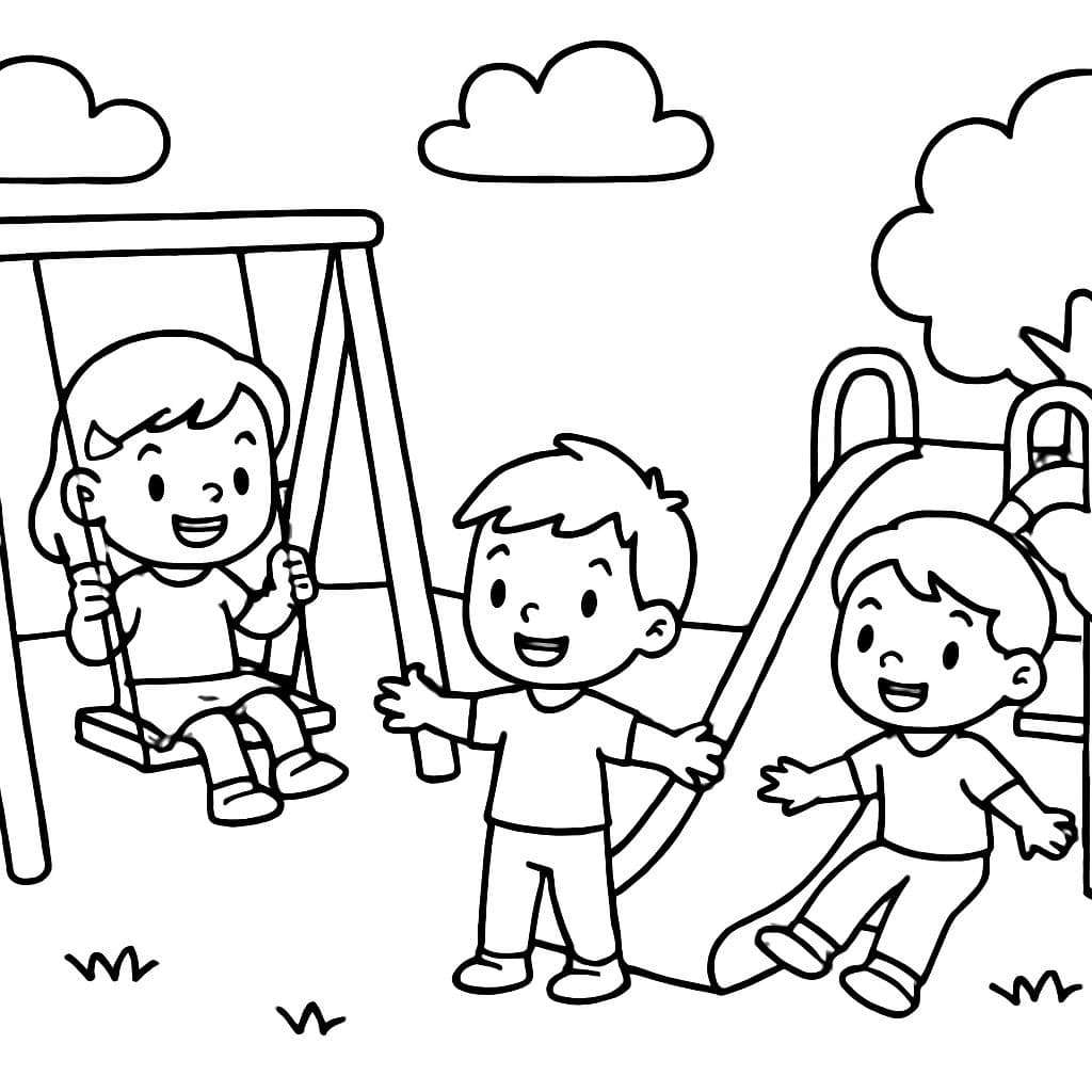 Los niños juegan en el jardín de infancia con un columpio y un tobogán.