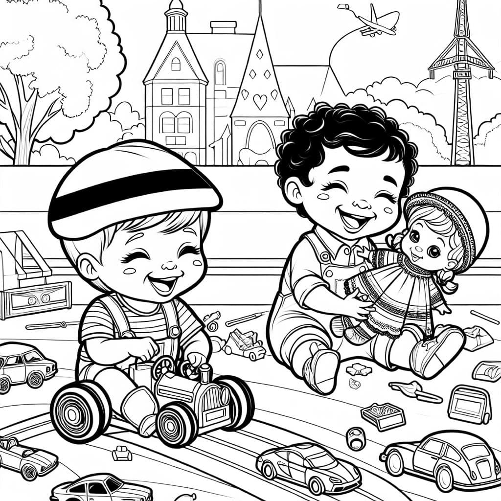 Einen Jungen der mit Autos spielt, daneben einen Jungen der mit Puppen spielt