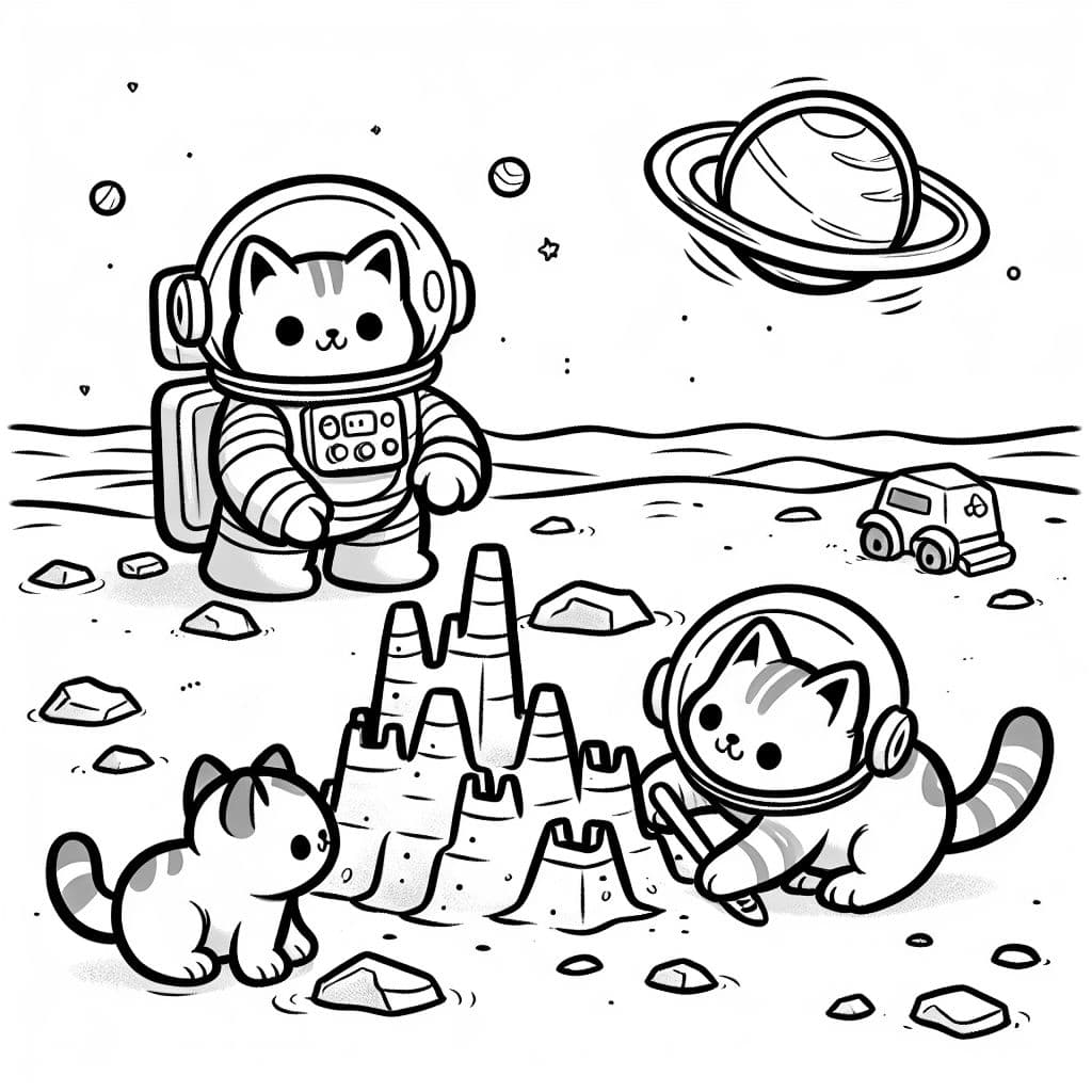gatitos del espacio en marte construyendo un castillo de arena