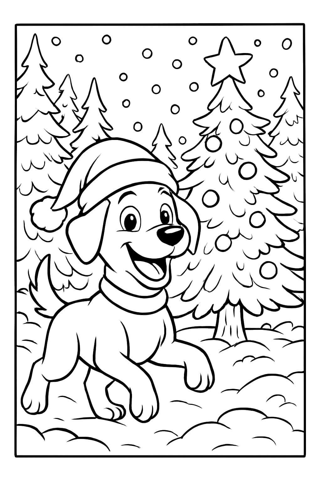 ein weihnachtsausmalbild wo ein hund drauf sein soll der eine mütze an hatt außerdem soll es schnein und das bild soll im Wald sein und es soll ein weihnachtsbaum drauf sein.