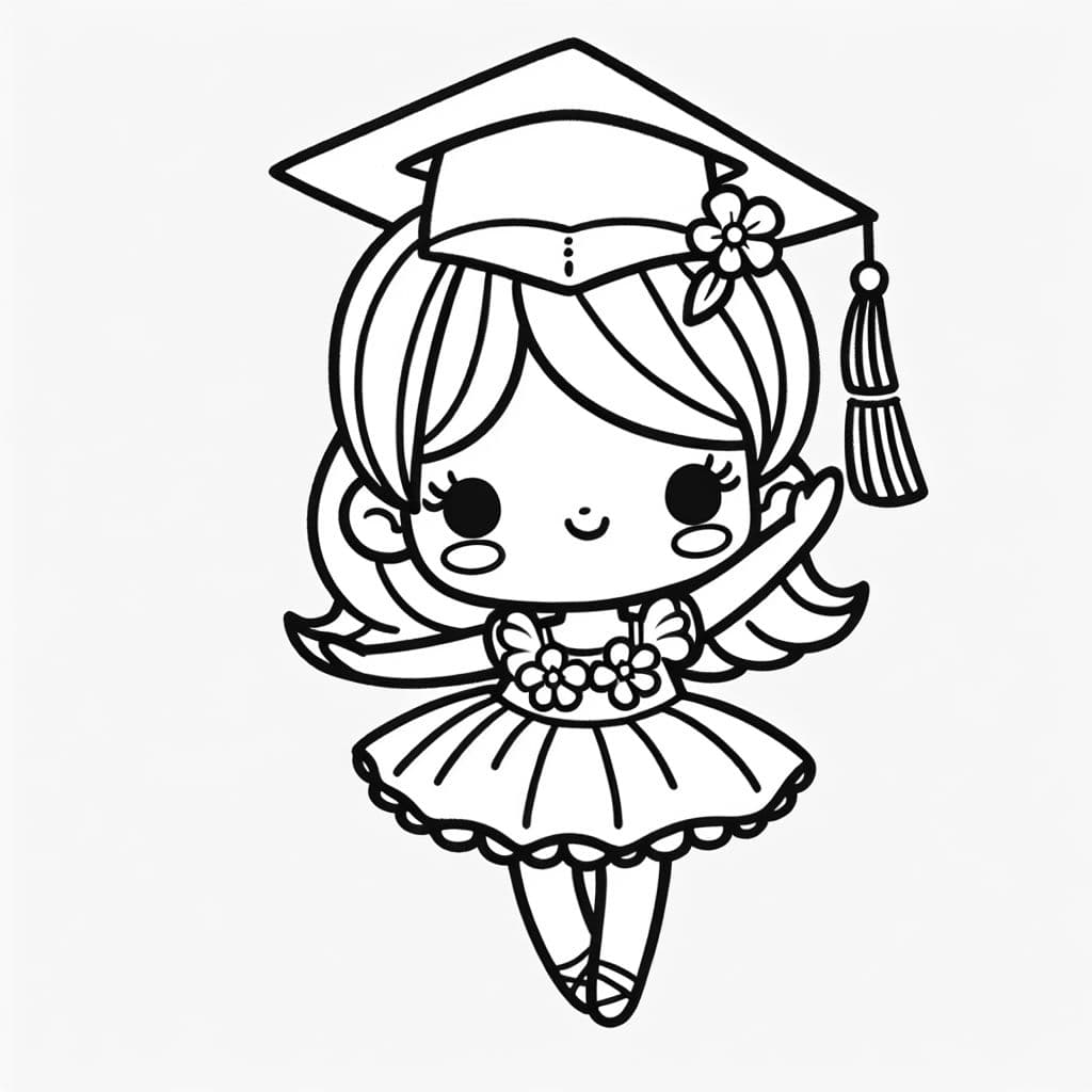 Una pequeña bailarina en una toga y birrete de graduación