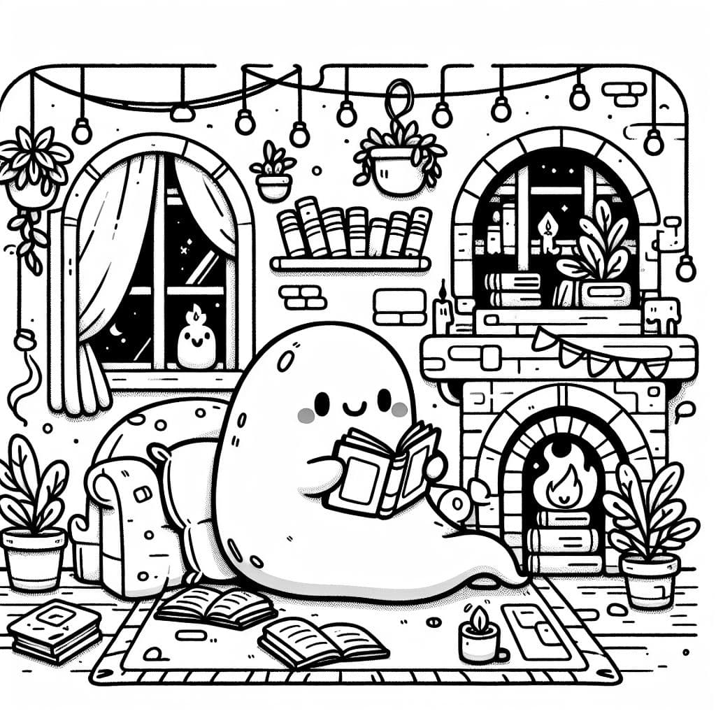 Room with plants and books and ghost in blanket reading book