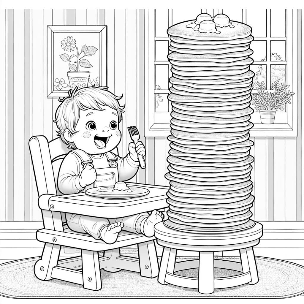 Toddler boy in a high chairveating a stack of pancakes as tall as the ceiling