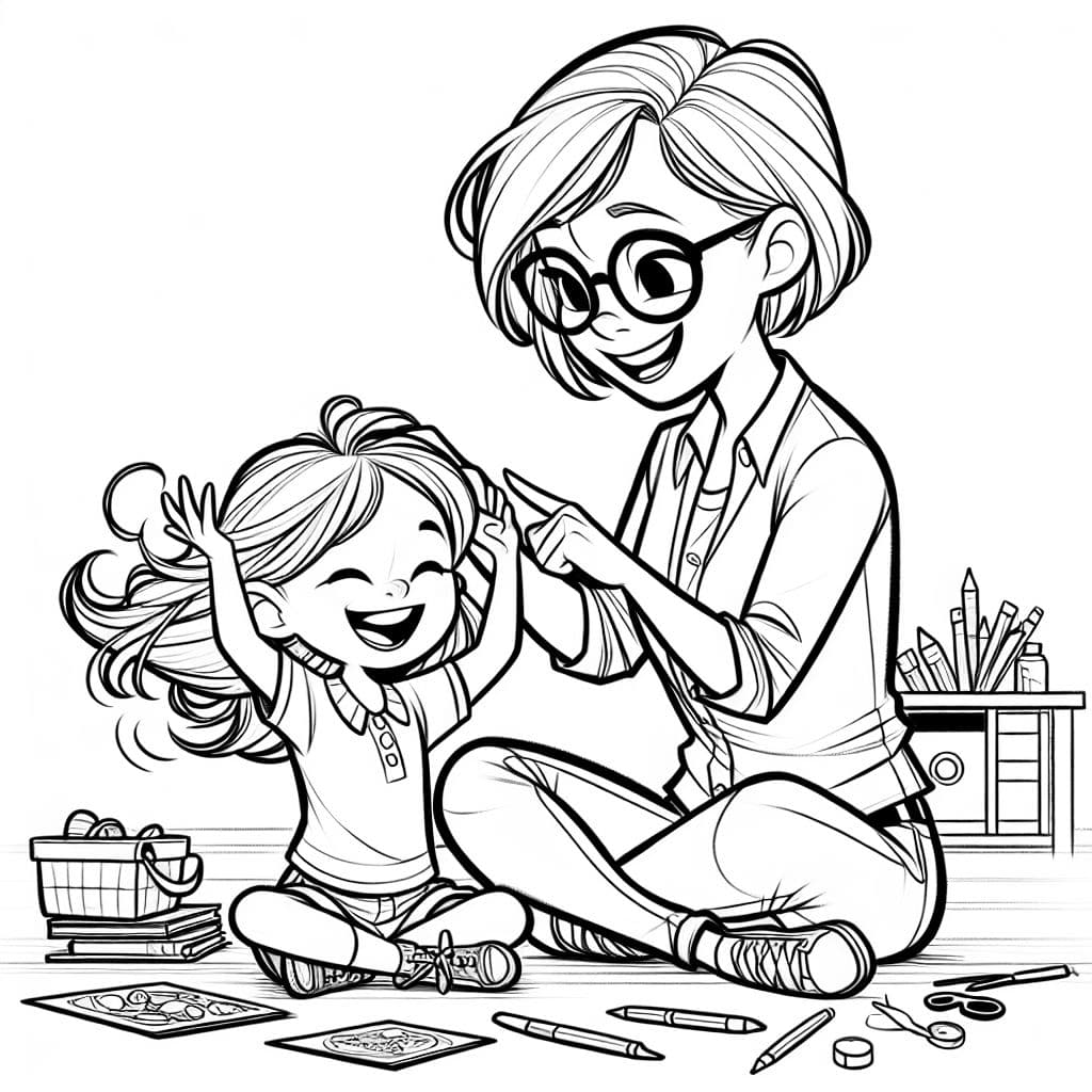 Fille avec de longs cheveux et une femme adulte avec des cheveux courts et des lunettes