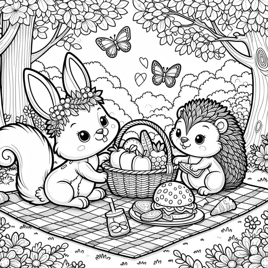 A group of adorable animals, including a bunny, a squirrel, and a hedgehog, having a picnic in a forest clearing. The animals are sitting around a checkered blanket with a basket of fruits, sandwiches, and cookies. The scene includes trees with leaves, flowers, and butterflies fluttering around. Each animal has a cute expression, and the setting is cheerful and inviting