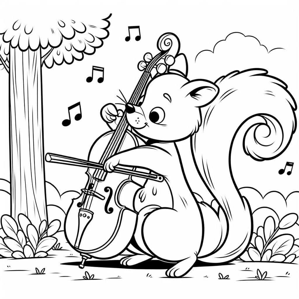 Una ardilla tocando un chelo, perfecta para una página para colorear creativa.