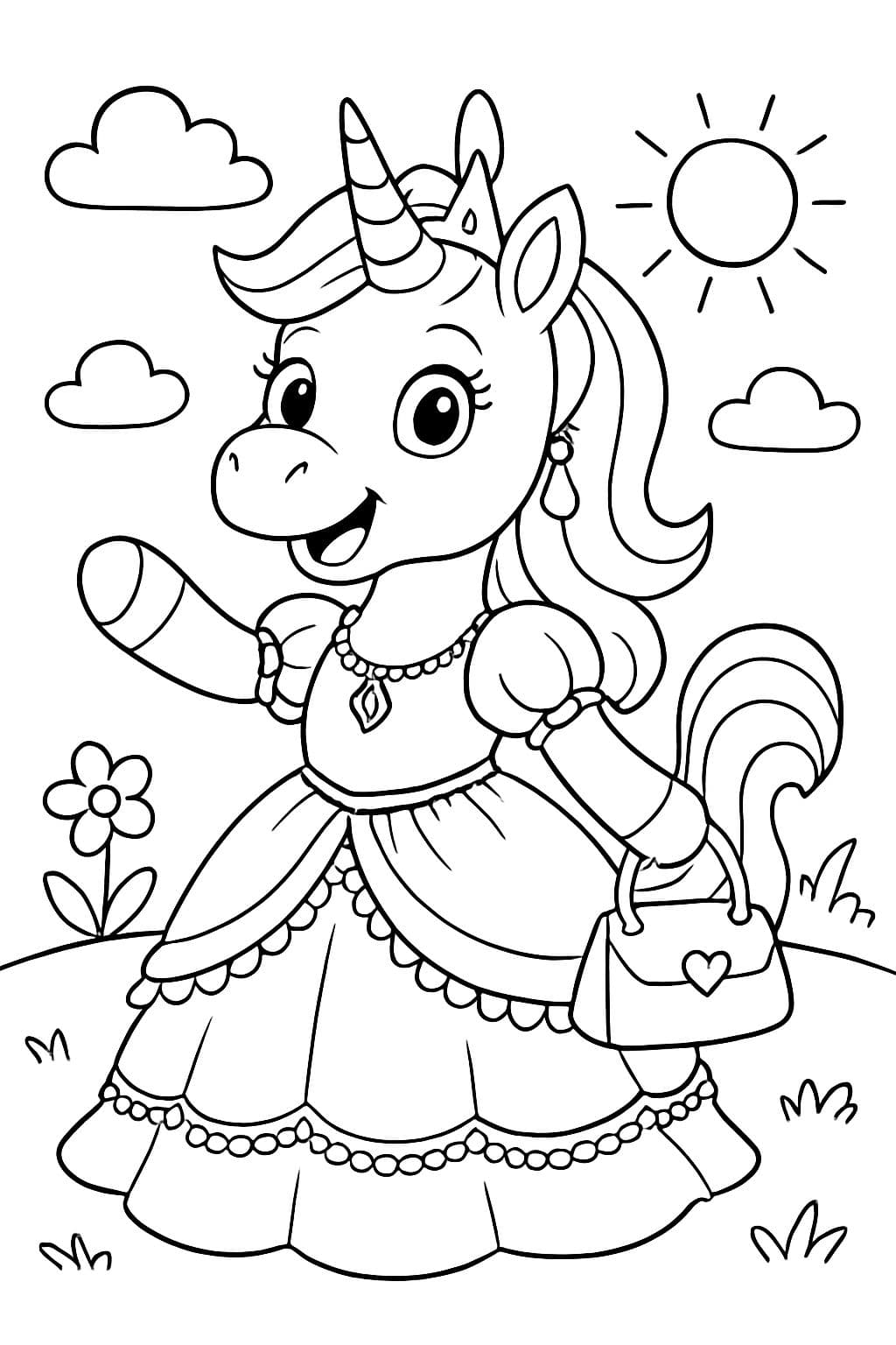 a unicorn with a floor-length princess dress with ruffles, pearls, and diamonds. The unicorn has a handbag and earrings