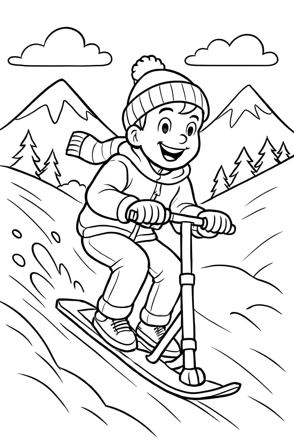 menino descendo uma colina nevada em um scooter de neve com montanhas ao fundo