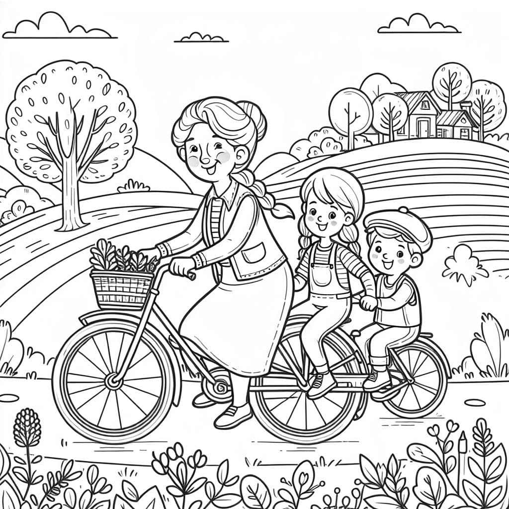 abuela joven con bicicleta, nieta grande y nieto pequeño
