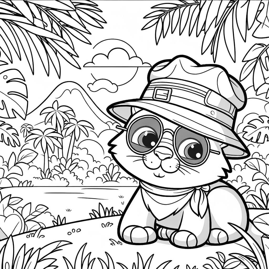 Un chat avec une casquette et des lunettes de soleil dans la jungle
