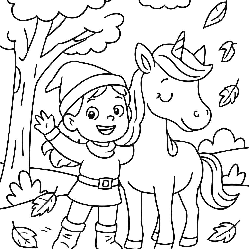 une fille courageuse nommée Maila avec une licorne en automne