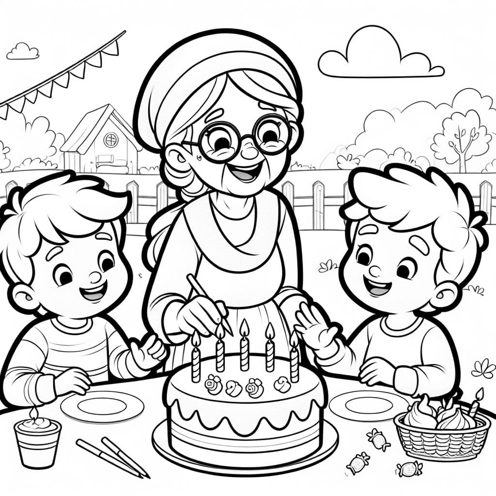 abuela y 2 nietos con un pastel de cumpleaños